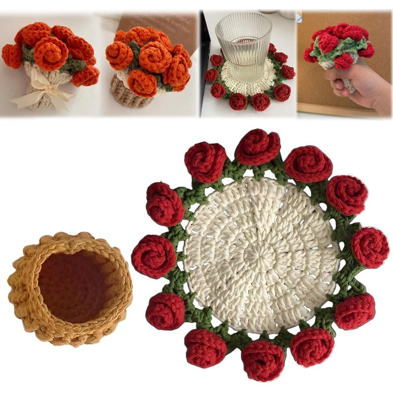 Hand-Crocheted Rose Coaster Set – 3-in-1 Blooming Basket for Home & Gifting