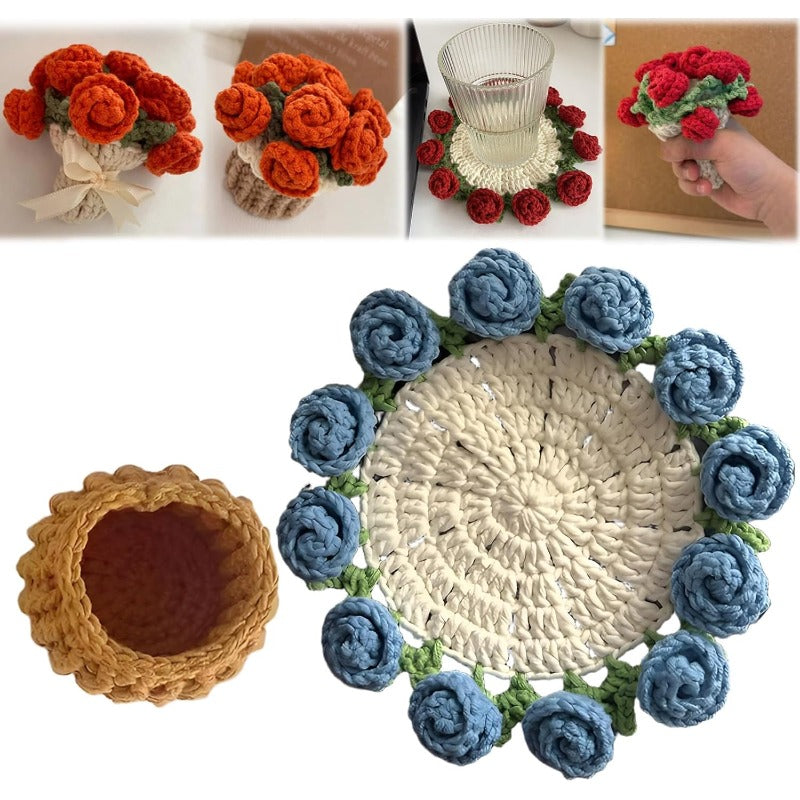 Hand-Crocheted Rose Coaster Set – 3-in-1 Blooming Basket for Home & Gifting