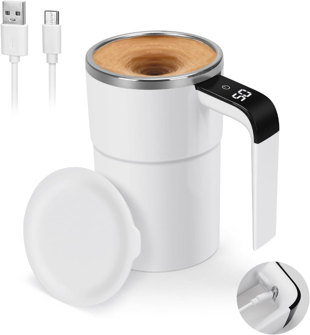 Self Stirring WHITE Mug. Auto Magnetic Coffee Mug with LED Display Temperature. Rechargeable Automatic Stirring Cup. 12oz Self Mixing Cup with Lid To Stir Coffee Mixed Milk at Desk Use