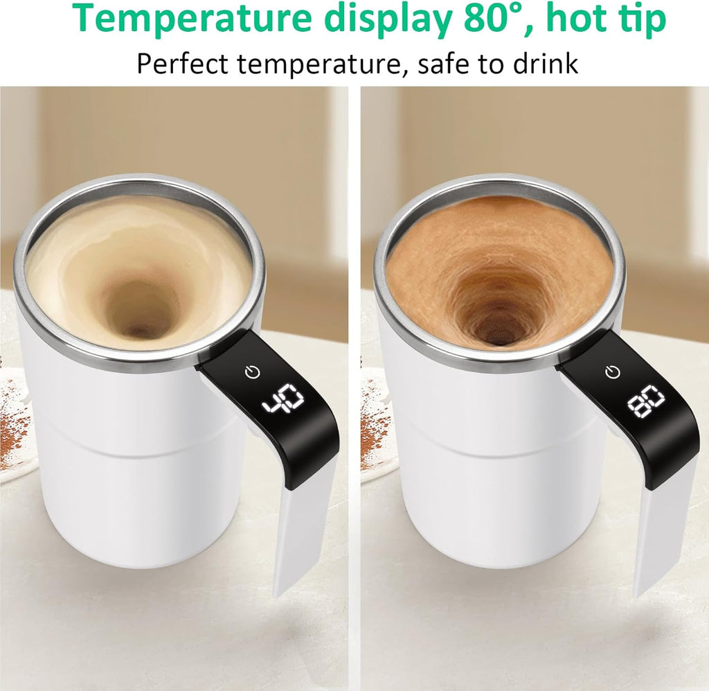 Self Stirring WHITE Mug. Auto Magnetic Coffee Mug with LED Display Temperature. Rechargeable Automatic Stirring Cup. 12oz Self Mixing Cup with Lid To Stir Coffee Mixed Milk at Desk Use