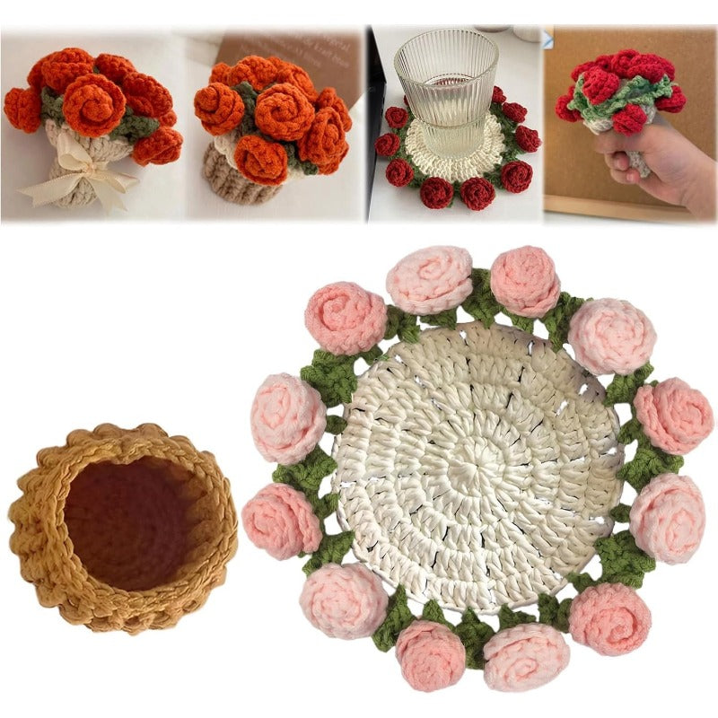 Hand-Crocheted Rose Coaster Set – 3-in-1 Blooming Basket for Home & Gifting