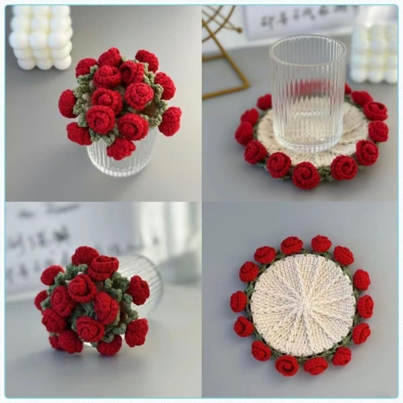 Hand-Crocheted Rose Coaster Set – 3-in-1 Blooming Basket for Home & Gifting