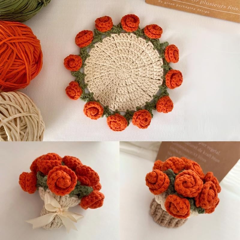 Hand-Crocheted Rose Coaster Set – 3-in-1 Blooming Basket for Home & Gifting